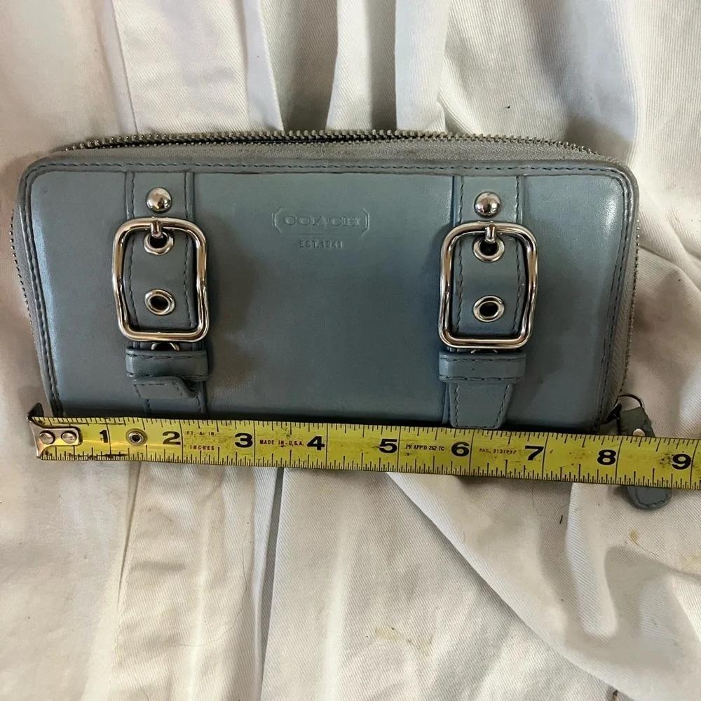 Vtg COACH Wallet Soho Zoe Double Buckle Teal Blue Leather Accordion Zip Around